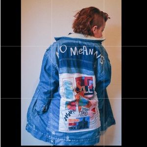 “No Meaning” Long Sherpa-Lined Patched Jean Jacket